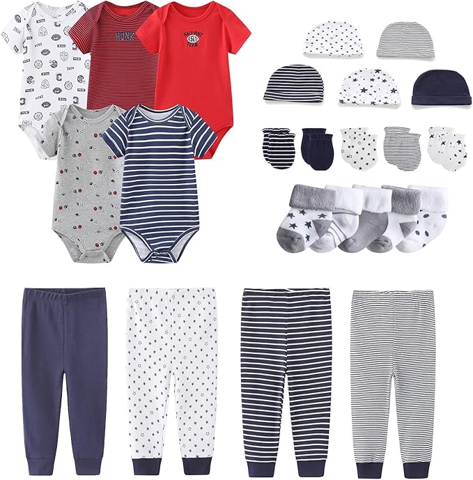 Newborn Layette Gift Set Bodysuits Pants for Baby Girl and Boy 24 Piece 100% Cotton Essentials and Accessories