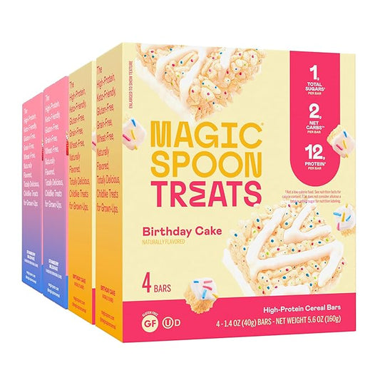 MAGIC SPOON Treats - High Protein, Low Carb, Keto Friendly, 1g of Sugar, Gluten Free, Crispy Treat Cereal Bar, On-The-Go Healthy Snack (8 Birthday Cake Bars, 8 Strawberry Milkshake Bars)