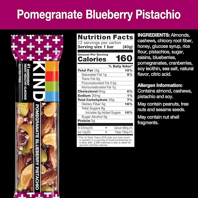 KIND Bars, Pomegranate Blueberry Pistachio, Healthy Snacks, Gluten Free, 5g Protein 12 Count