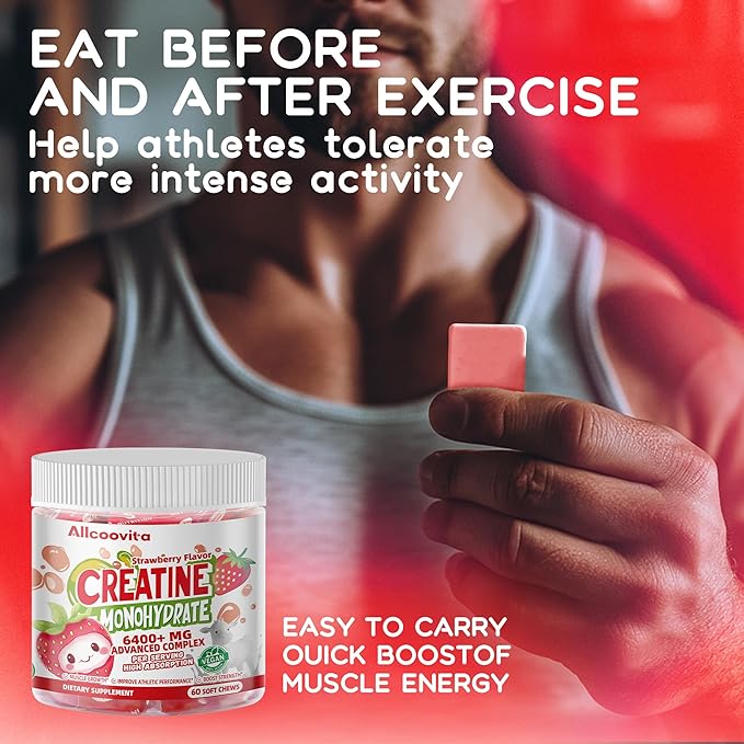 Creatine Monohydrate Chews Complex 6400mg for Men & Women -Advanced Formula W/L-Taurine + Vitamin B12, Sugar Free Chewable Supplement,60 Strawberry Softchews