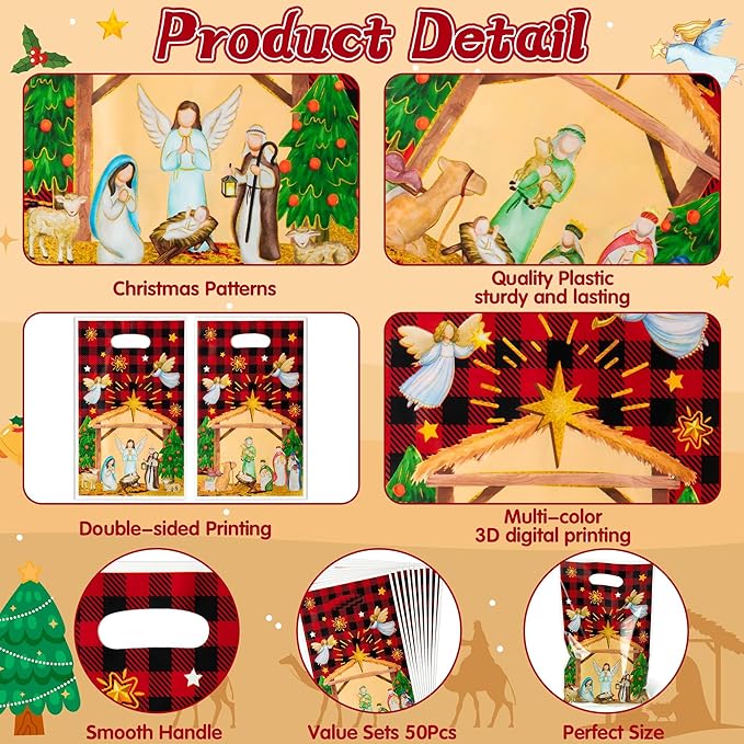 50Pcs Christmas Nativity Christian Party Favor Bags, Jesus Cardinal Buffalo Plaid Goodies Gift Bags, O Holy Night Themed Party Decorations for Christmas Birthday Supplies