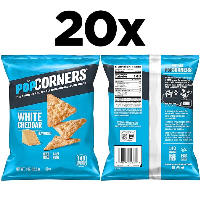 PopCorners Popped Corn Snacks, White Cheddar, 1 Ounce (Pack of 20) (Packaging May Vary)