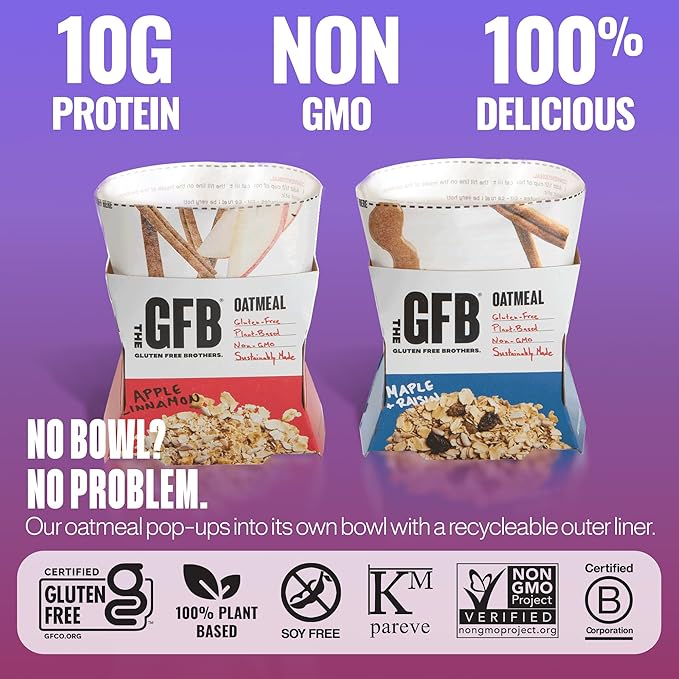 The GFB Variety Pack of Protein Oatmeal Cups - Unique Pop-Up Bowl - Gluten Free, Plant Based, Non GMO, Sustainably Made - Ridiculously Tasty, Healthy, Vegan Protein Instant Oatmeal, 2 oz (6 Count)