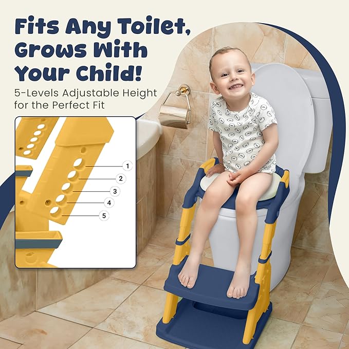 2-in-1 Cushioned Potty Seat with Ladder – Foldable Toddler Toilet Seat & Toddler Step – Step Up Potty Chair With Splash Guard for Boys & Girls – Toilet Training for Kids Aged 2-8