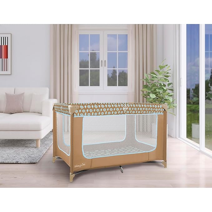 Dream On Me Zodiak Portable Playard in Coffee and Blue, Lightweight, Packable and Easy Setup Baby Playard, Breathable Mesh Sides and Soft Fabric - Comes with a Removable Padded Mat
