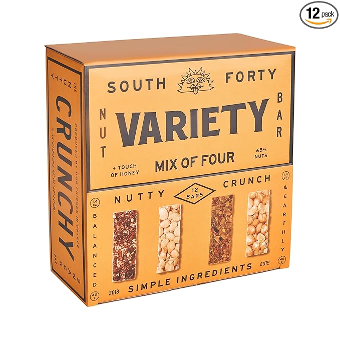 South 40 Snacks Crunchy Nut Bars, Mix of 4 Premium Variety Pack, Touch of Honey, Natural Protein (40g Bar, Pack of 12)