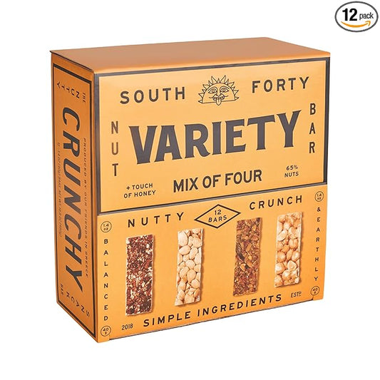 South 40 Snacks Crunchy Nut Bars, Mix of 4 Premium Variety Pack, Touch of Honey, Natural Protein (40g Bar, Pack of 12)