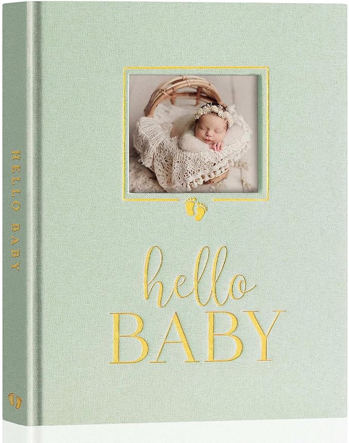 Lanpn Baby Memory Book Journal, Newborn First 5 Year Keepsake with DIY Window, Linen Baby Photo Book Memories Keepsake Scrapbook, Baby Milestone Album for Boy Girl New Parents (Sage Green, 154 Pages)