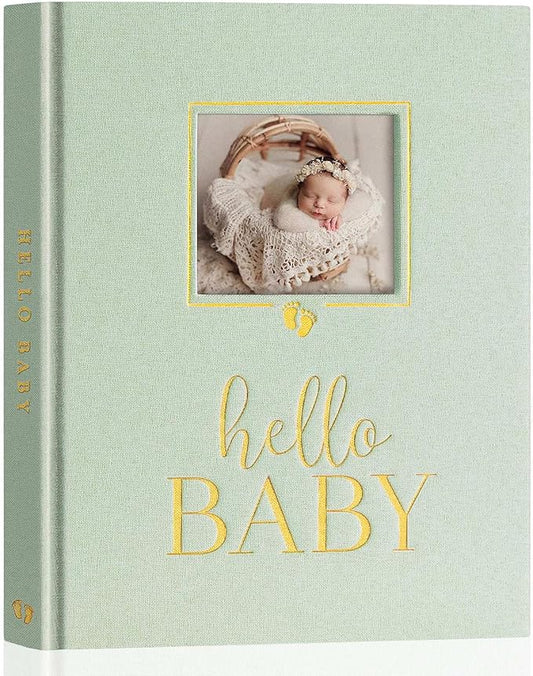 Lanpn Baby Memory Book Journal, Newborn First 5 Year Keepsake with DIY Window, Linen Baby Photo Book Memories Keepsake Scrapbook, Baby Milestone Album for Boy Girl New Parents (Sage Green, 154 Pages)