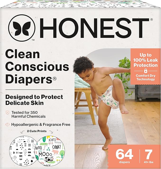 The Honest Company Clean Conscious Diapers for Delicate Skin | Up to 100% Leakproof | Hypoallergenic, Fragrance Free | Gender Neutral | Super Club Box, Size 7 (41+ lbs), 64 Count (Prints May Vary)