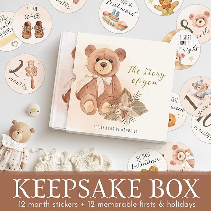 Elegant Design Baby Memory Book for Boy or Girl, Baby 5 Years Journal with Keepsake Sleeve, First Time Mom must have with 24 Baby Milestone Stickers, Scrapbook or Photo Album.