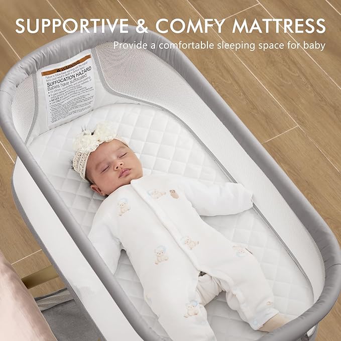 ANGELBLISS 3 in 1 Baby Bassinet, Rocking Bassinets Bedside Sleeper with Calming Motion, Portable Nest for Newborn Infant, Breathable Mesh (Grey)