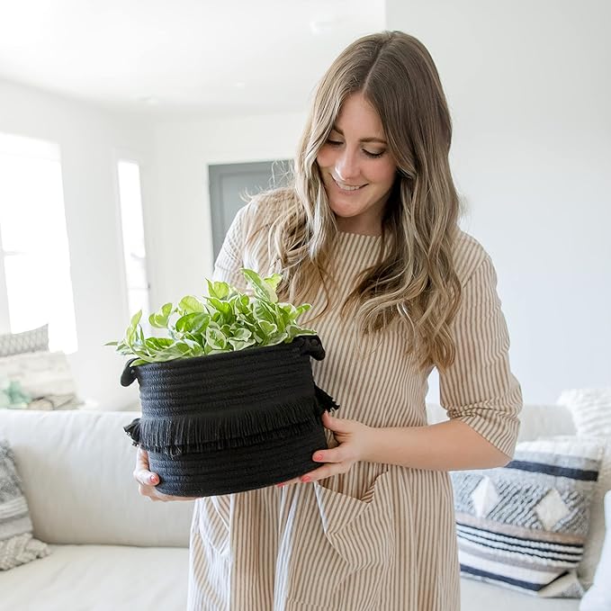 NaturalCozy 3-Piece Decorative Storage Basket Set – Black Cotton Rope Small Woven Baskets for Organizing for Nursery Baby Stuff, Gift, Vanity, Montessori, Dog Cat Toy Bin, Planter, Bathroom Shelves