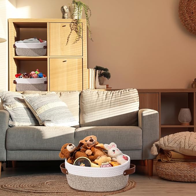 Colingmill 3 Pack Small Woven Basket for Gifts with Handles Clear Bags and Ribbons Empty Storage Basket Decorative Chest Box for Halloween Thanksgiving Day Birthday(White and Khaki,12"x 8"x 5")