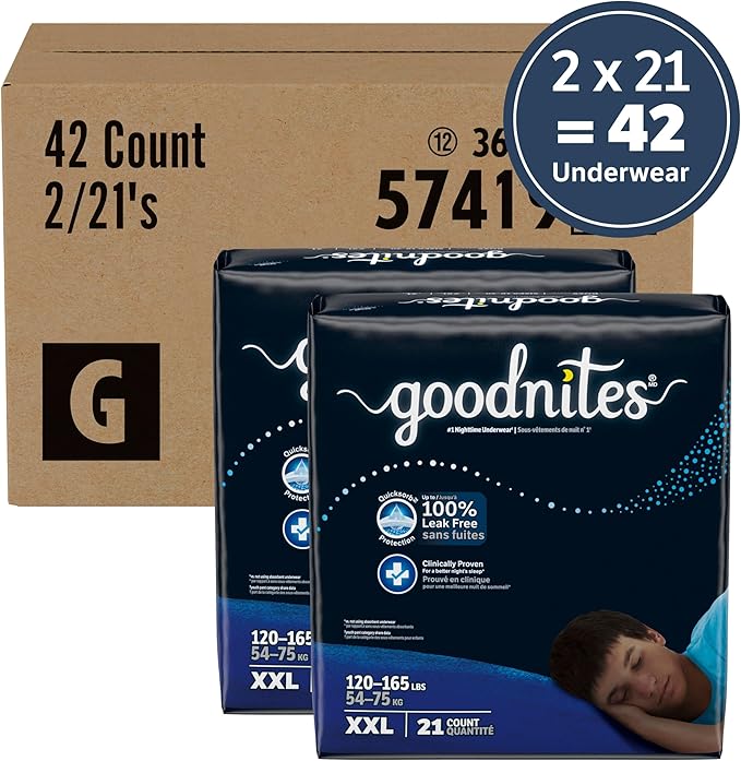 Goodnites Boys' Nighttime Underwear, Size XXL (120-165 lbs), 42 Ct (2 Packs of 21, Packaging May Vary
