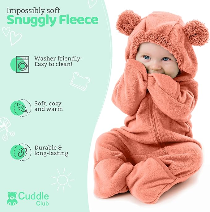 Cuddle Club Fleece Baby Bunting Bodysuit with Hood, Convertible Mittens & Booties, Car Seat Friendly, Soft & Warm, Easy Zip