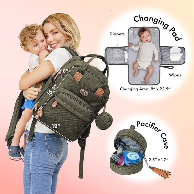 Dikaslon Diaper Bag Backpack with Portable Changing Pad, Pacifier Case and Stroller Straps, Large Unisex Baby Bags for Boys Girls, Multipurpose Travel Back Pack for Moms Dads, Army Green