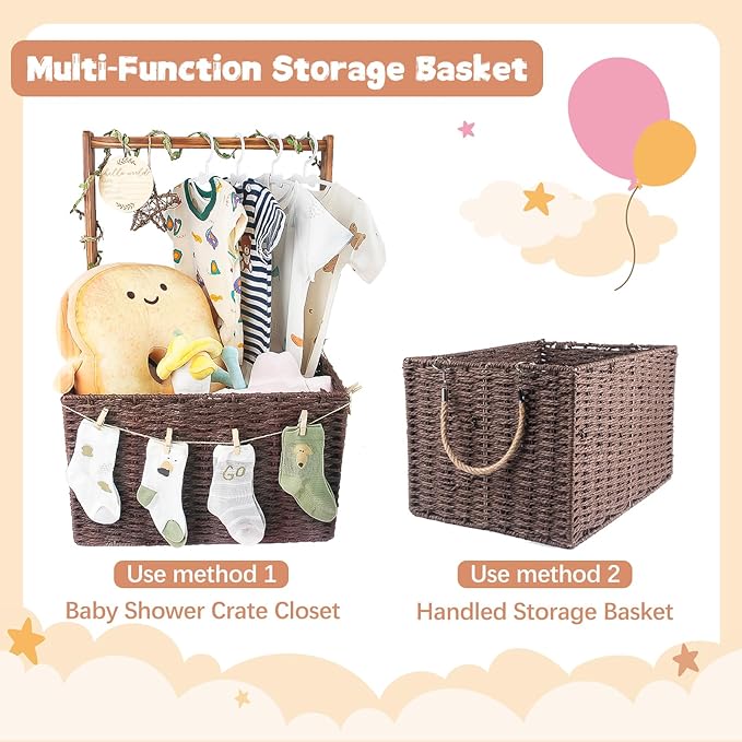 Wooden Baby Shower Crate Closet, Baby Storage Crate with Handle, Foldable Handwoven Storage Basket for Gifts, Welcome Gift Basket for Newborn Boys Girls, Pregnancy Gifts for New Parents