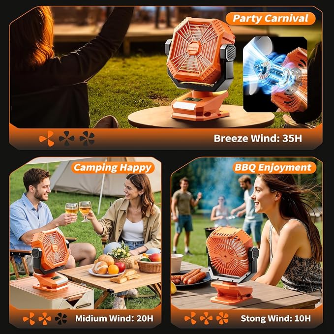 Portable Camping Fan with LED Lantern, 360°Rotation and Clip on for Desk, 8000mAh USB Rechargeable Battery Powered, Digital Display and Hanging Hook for Tent RV Outdoor Travel Barbecue Bedroom