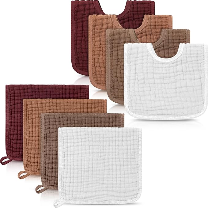 Tallew 8 Pack Baby Bibs and Muslin Burps for Baby Boy Girl Drooling and Teething 20" x 10" Burp Cloths Absorbent Rag Soft Cotton Bibs for Newborn Toddler Infant 0-24 Month Essentials(Fresh Colors)