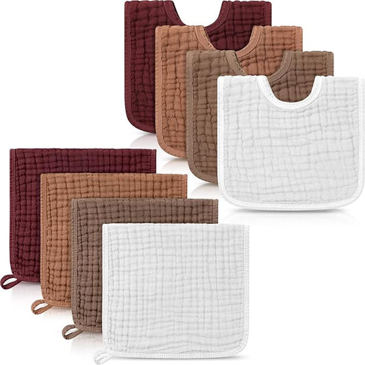 Tallew 8 Pack Baby Bibs and Muslin Burps for Baby Boy Girl Drooling and Teething 20" x 10" Burp Cloths Absorbent Rag Soft Cotton Bibs for Newborn Toddler Infant 0-24 Month Essentials(Fresh Colors)