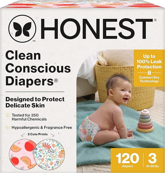 The Honest Company Clean Conscious Diapers for Delicate Skin | Up to 100% Leakproof | Hypoallergenic, Fragrance Free | Girl Prints | Super Club Box, Size 3 (16-28 lbs), 120 Count (Prints May Vary)