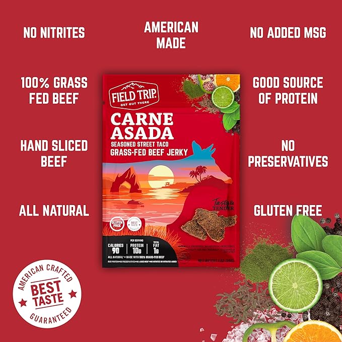 Field Trip Grass Fed Beef Jerky, Healthy Gluten Free Snacks, All Natural, Paleo-Friendly Beef Jerky, High Protein, Low Carb Snack with No Nitrates, 1oz Bag, 12 Pack, Carne Asada