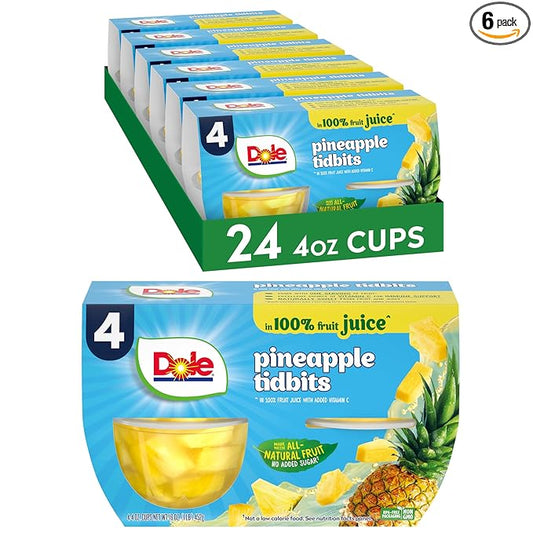 Dole Fruit Bowls Pineapple Tidbits in 100% Juice Snacks, 4oz 24 Total Cups, Gluten & Dairy Free, Bulk Lunch Snacks for Kids & Adults