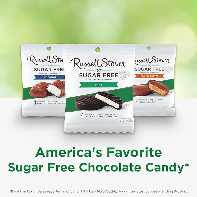 RUSSELL STOVER Sugar Free Dark Chocolate Mint Patties Candy, 2 oz. bag (Pack of 10)