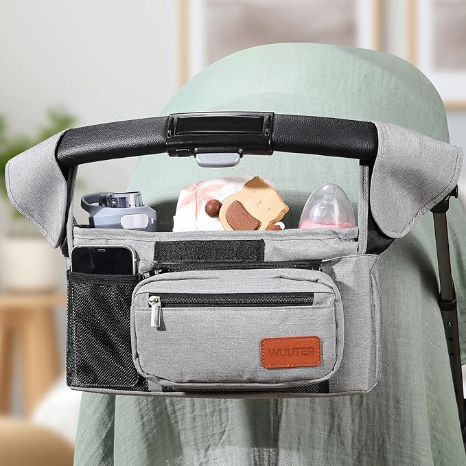 Universal Stroller Organizer with Cup Holder & Detachable Wristlet Large Baby Stroller Bag for Mom, Uppababy, Baby Jogger, Britax, BOB & Umbrella Strollers (Grey)