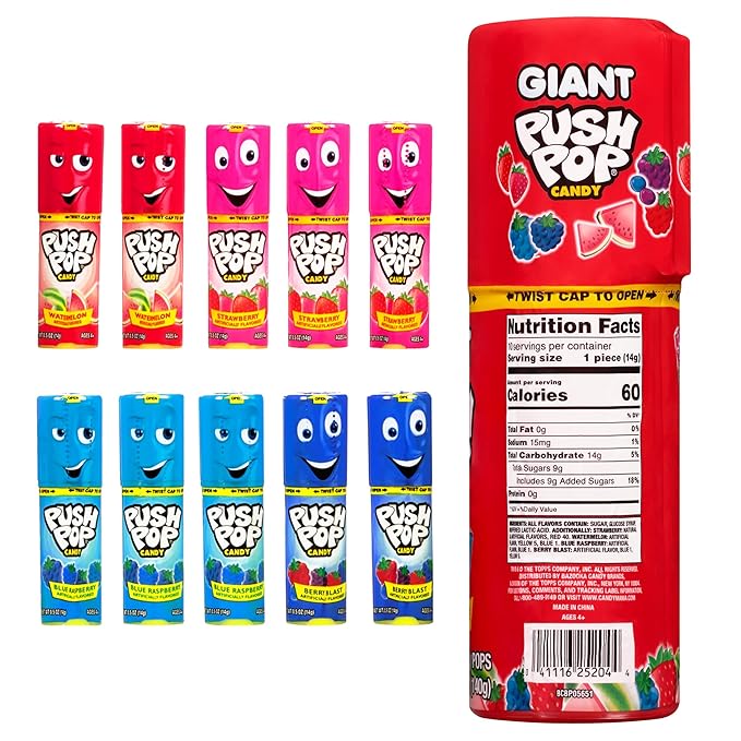 Push Pop Giant Candy Lollipop Container, 10 Ct Individually Wrapped in Assorted Fruity Flavors, Full Size, Fun Hard Candy For Party Favors, Birthday Parties, Goodie Bags, Fun Gifts for Kids