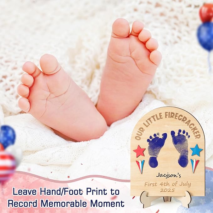 R HORSE Baby's First July 4th Footprint or Handprint DIY Art Sign Craft, 3D Engraved Wooden Hanging Ornament, Newborn Keepsake Gift Photo Prop for Unisex Baby Independence Day Baby Shower Supplies