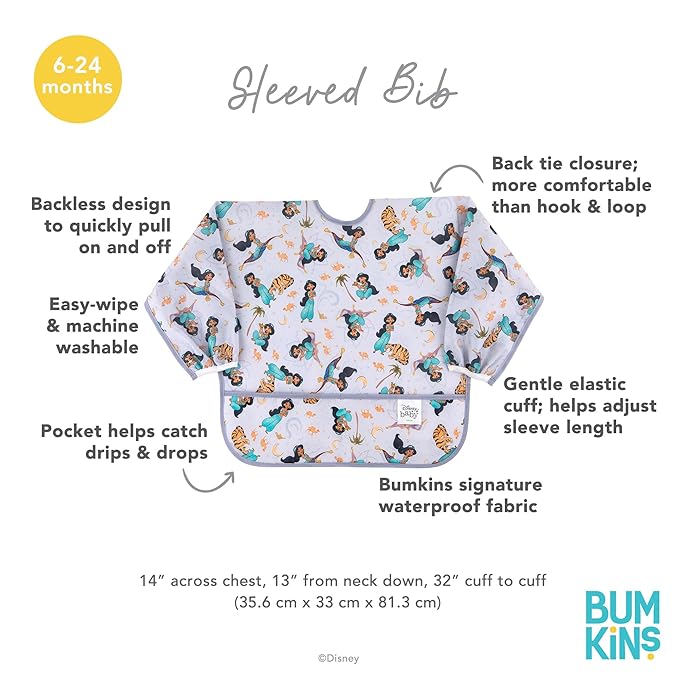 Bumkins Disney Sleeved Bib for Girl or Boy, Baby and Toddler for 6-24 Mos, Essential Must Have for Eating, Feeding, Baby Led Weaning Supplies, Long Sleeve Mess Saving Food Catcher, Jasmine