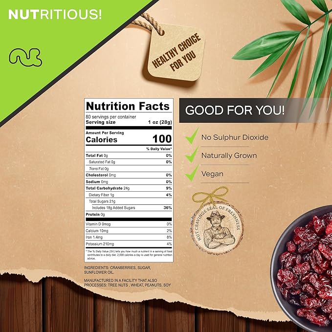 NUT CRAVINGS - Sun Dried Whole Cranberries, Lightly Sweetened (80oz, 5 LB) Bulk Dry Fruits Packed Fresh in Resealable Bag - Sweet Healthy Snack, Naturally Grown, Vegan, Kosher