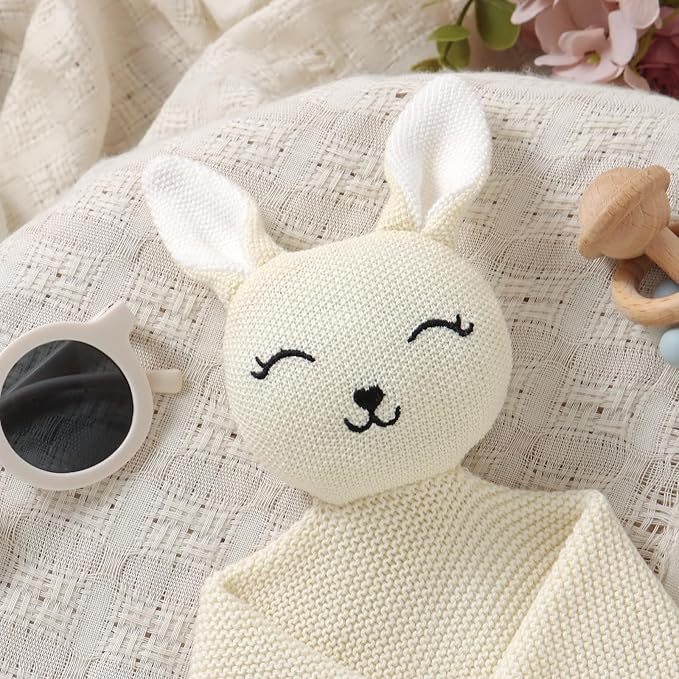 LAWKUL Bunny Lovey Baby Blanket Soft Cuddly Security Blanket Knit Snuggle Comfort for Newborns Toddler Boy Girl White 16x16in