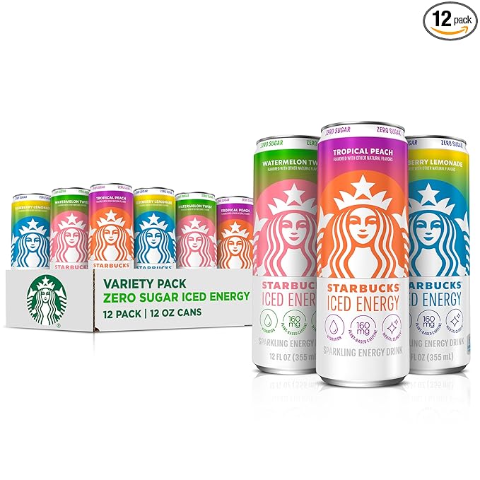 Starbucks Iced Energy Drink, 3 Flavor Variety Pack (Tropical Peach, Watermelon Splash, Blueberry Lemonade), Zero Sugar Energy Drink, Plant Based Caffeine, Hydration, Mental Clarity, 12 Fl Oz Cans (Pack of 12)