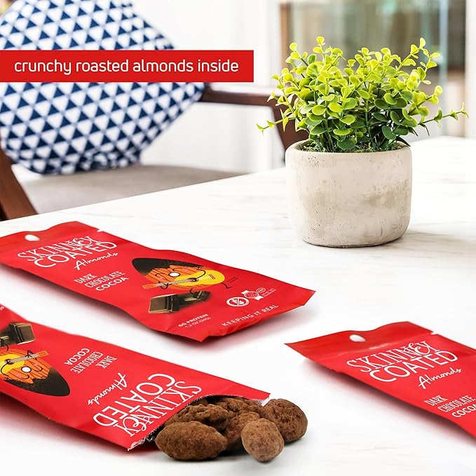 Skinny Coated Dark Chocolate Cocoa Snacks, Cocoa Flavored Almonds Healthy Chocolate Snacks in Bulk - Skinny Almonds, Kosher, Gluten Free Sweet Snacks for Adults, 1.2Oz p/Bag, 6 Pack