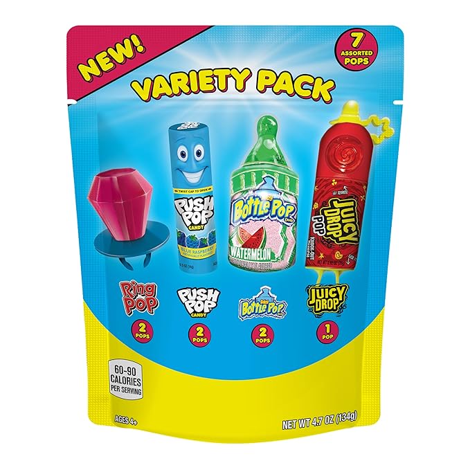 Assorted Candy Variety Pack 7 Count Lollipops - Ring Pop, Push Pop, Baby Bottle Pop & Juicy Drop - Ideal for Kids Party Favors, Party Favor Bags by Bazooka Brands
