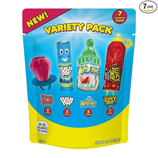 Assorted Candy Variety Pack 7 Count Lollipops - Ring Pop, Push Pop, Baby Bottle Pop & Juicy Drop - Ideal for Kids Party Favors, Party Favor Bags by Bazooka Brands