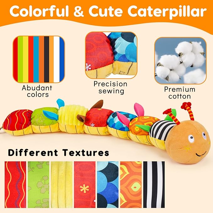 Baby Sensory Caterpillar Toys 0-3 Month Music Animal Stuffed Plush Toy for Infant 0-3-6-12 Month Tummy Time with Crinkle Rattle for Newborn 9-12 Month Texture Toy for Boy Girl Birthday Shower Gifts