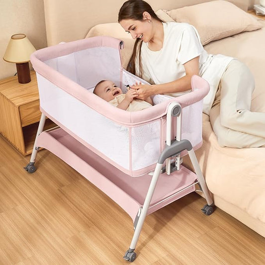 ANGELBLISS Baby Bassinet Bedside Sleeper, Easy Folding Portable Bassinet for Baby Girl with Wheels, Adjustable Height, Included Mattress (Pink)