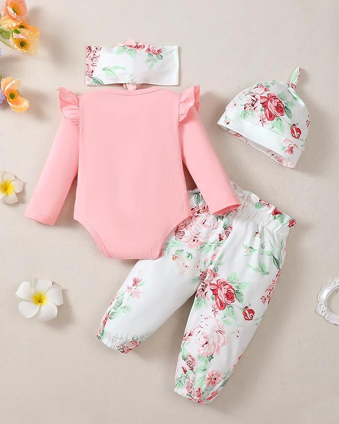 Renotemy Newborn Baby Girl Clothes Outfits Infant Romper Ruffle Floral Pants Cute Toddler Baby Girl Clothes Set