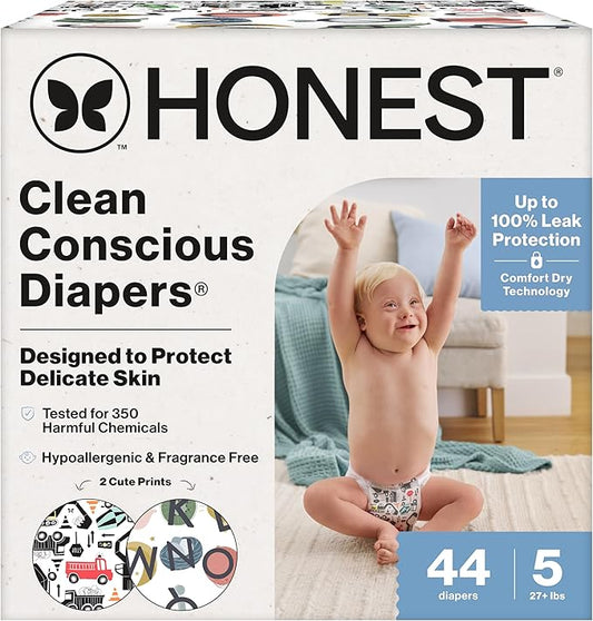 The Honest Company Clean Conscious Diapers for Delicate Skin | Up to 100% Leakproof | Hypoallergenic, Fragrance Free | Gender Neutral | Club Box, Size 5 (27+ lbs), 44 Count (Prints May Vary)