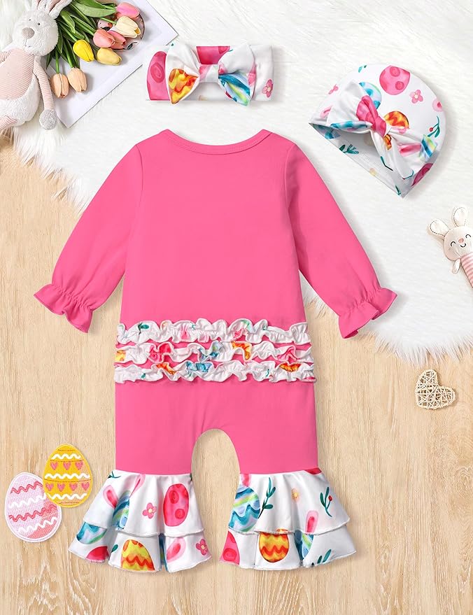 AGAPENG Newborn Girl Clothes Ruffle Letter Print Romper Infant Bell Bottom Jumpsuit Boho Baby Girl Clothes with Headband Hat