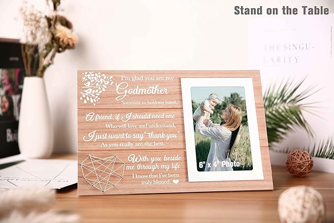 Godmother Proposal Gift Unique Godmom Photo Frame Keepsake-Thank You Gift-Baptism Christening Frame Present for Godmom-Wooden Picture Frame-I'm Glad You Are My Godmother