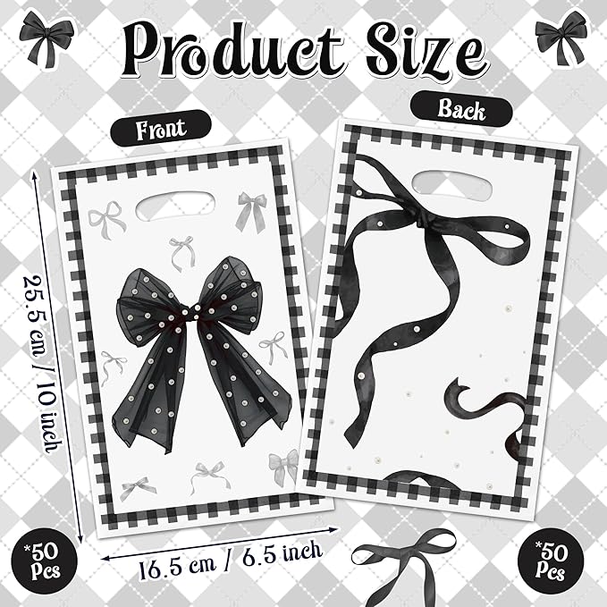 Black Bow Party Favor Bags - 50Pcs Coquette Girls Goody Candy Treat Gifts Bags, Trendy Preppy Black Bow Knot Theme Party Decorations for Women Girls Birthday Wedding Bridal Shower Bachelorette