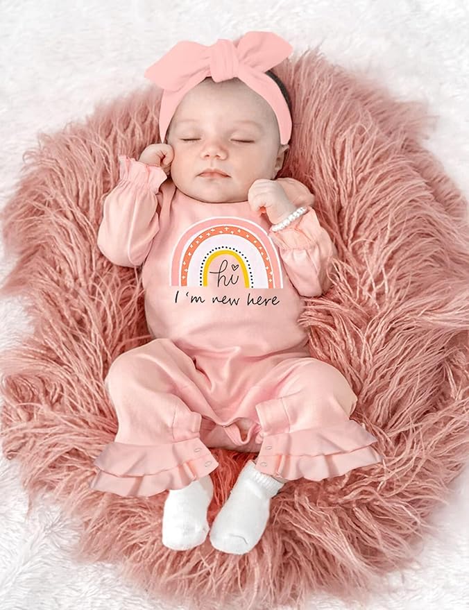AGAPENG Newborn Girl Clothes Ruffle Letter Print Romper Infant Bell Bottom Jumpsuit Boho Baby Girl Clothes with Headband Hat