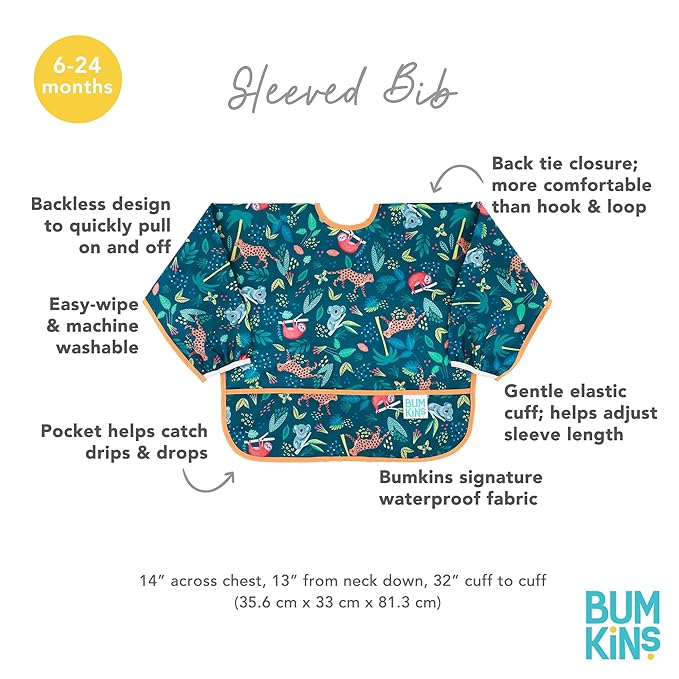 Bumkins Sleeved Bib for Girl or Boy, Baby and Toddler for 6-24 Mos, Essential Must Have for Eating, Feeding, Baby Led Weaning Supplies, Long Sleeve Mess Saving Food Catcher, Soft Fabric, Jungle