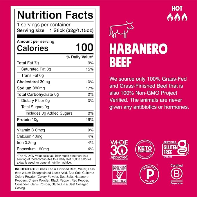 Chomps Grass-Fed and Finished Spicy Habanero Beef Jerky Snack Sticks 24-Pack - Keto, Paleo, Whole30, 10g Lean Meat Protein, Gluten-Free, Zero Sugar Food, Non-GMO