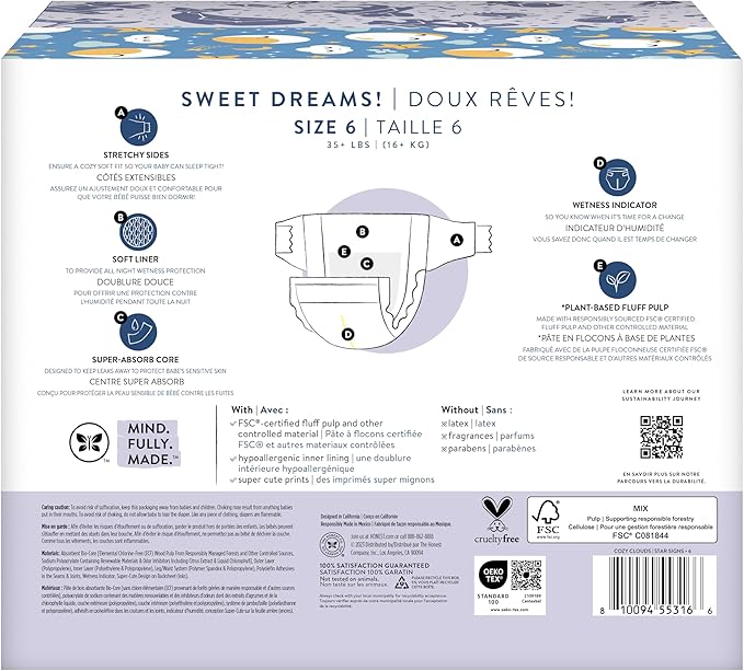The Honest Company Clean Conscious Overnight Diapers for Sensitive Skin | Hypoallergenic, Fragrance Free | Cozy Cloud + Star Signs | Club Box, Size 6 (35+ lbs), 34 Count
